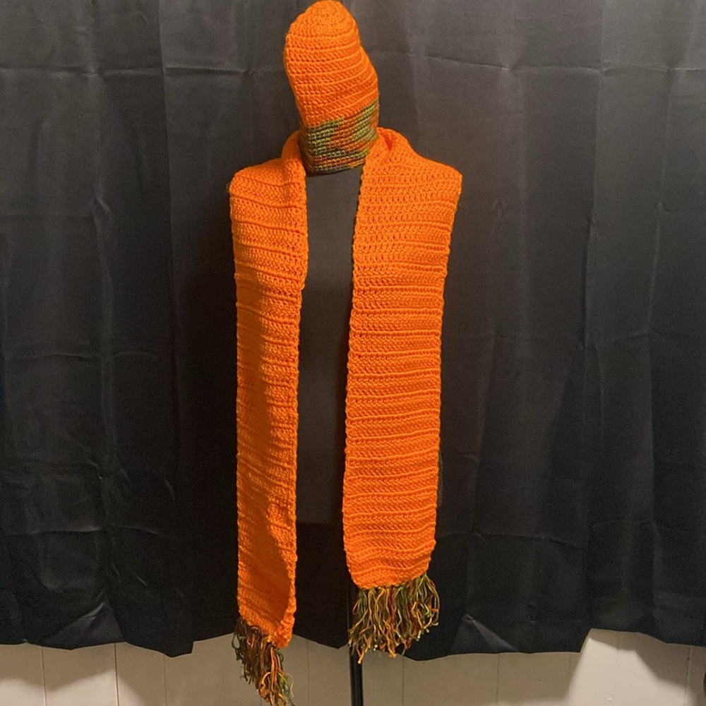 Handmade Knitted Hat and Scarf. Orange and Green.